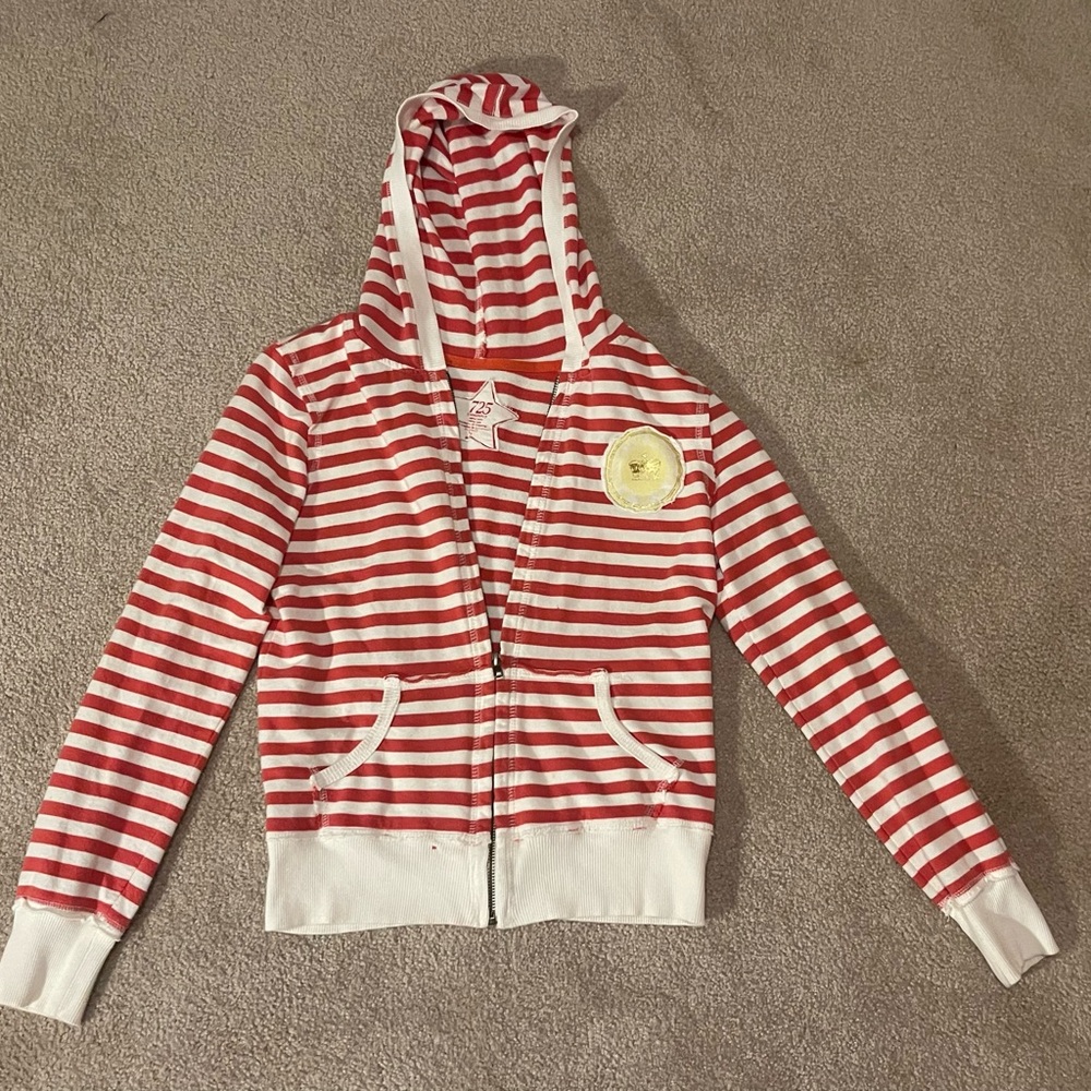 Red and White Striped 725 Originals zip up hoodie